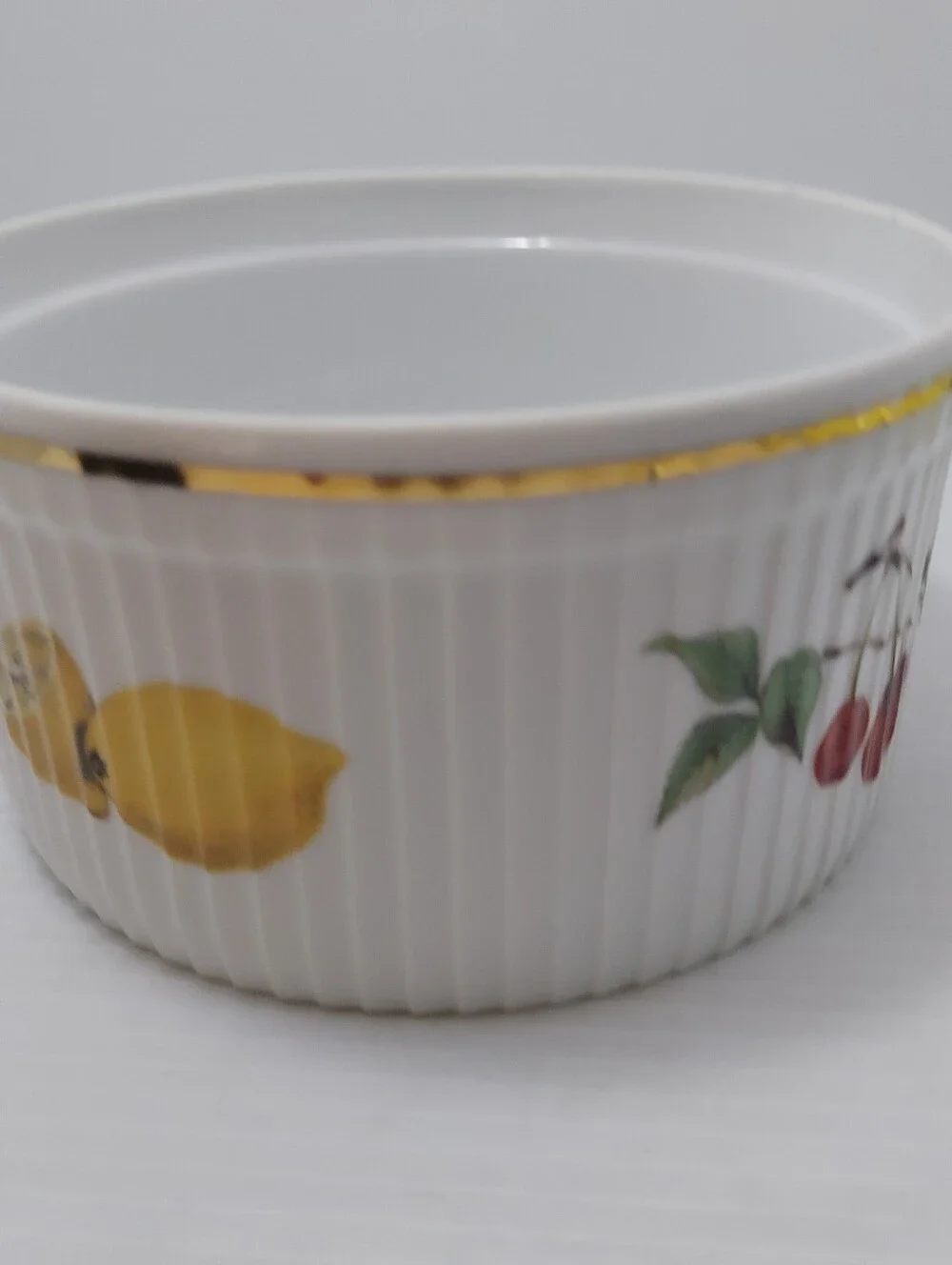 Royal Worcester Evesham White Porcelain Souffle Dish with Green and Gold Accents